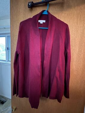 Liz Claiborne Burgundy Open-Front Ribbed Shawl Collar Cardigan